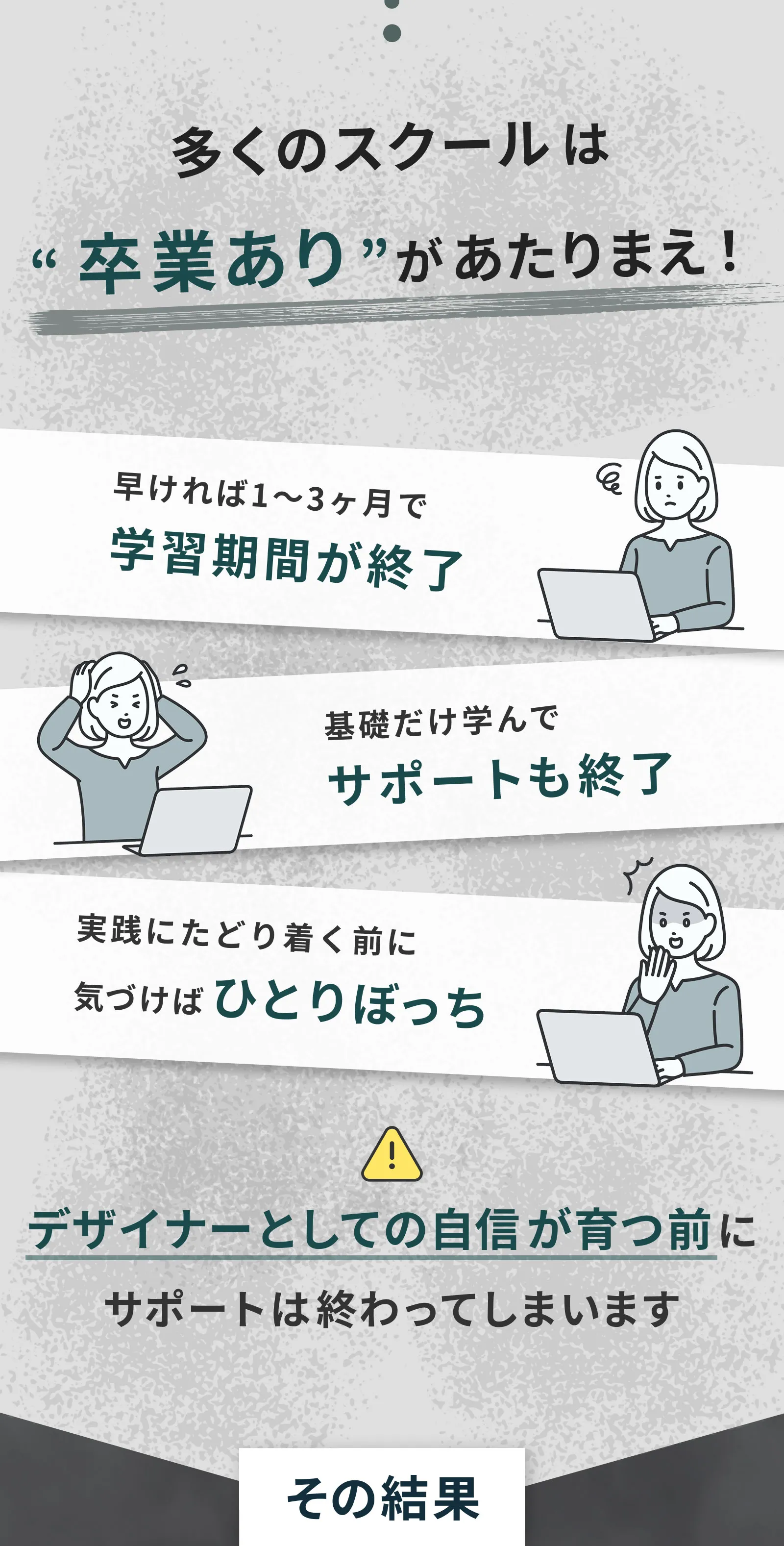 多くのスクールは卒業ありが当たり前　自信がつく前にサポートが終わってしまう