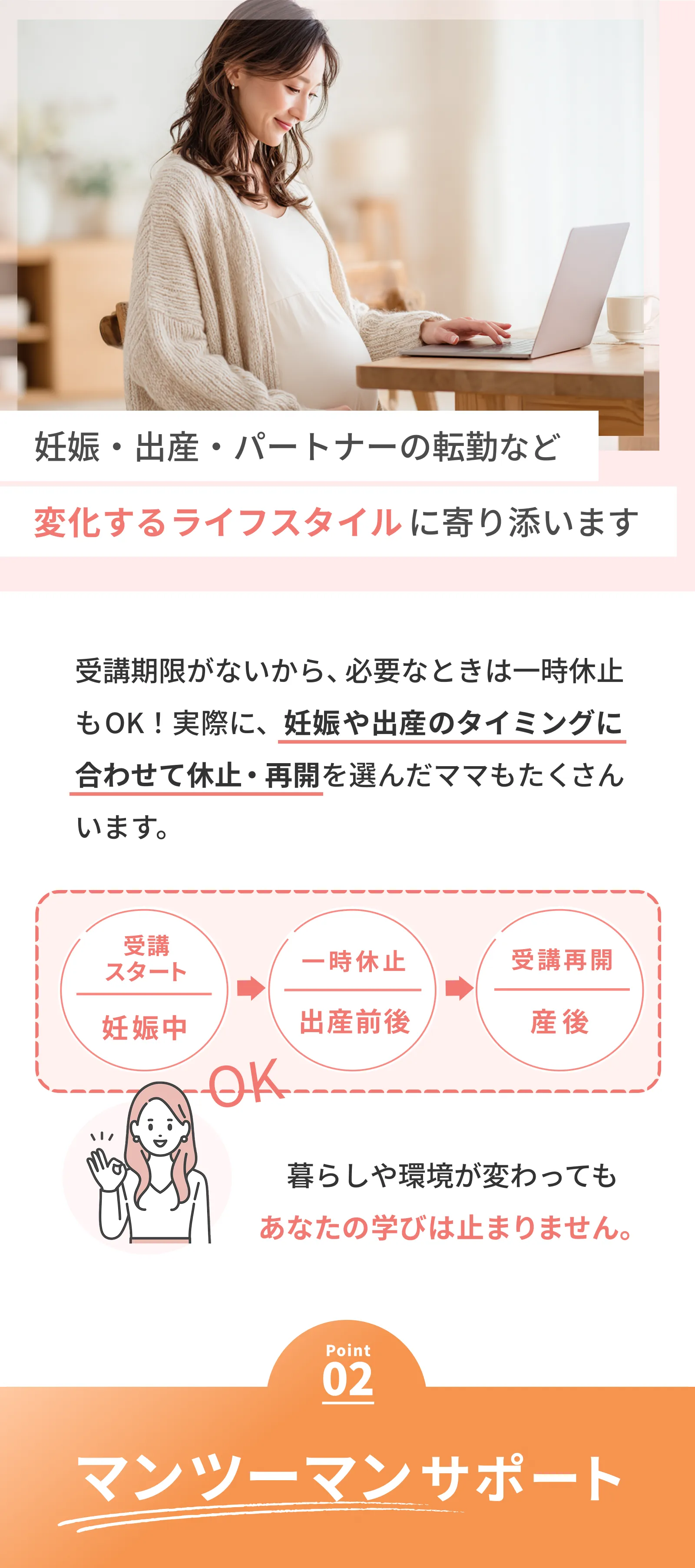 point01 365日休止再開OK 妊娠や出産などのタイミングに合わせて休止・再開OK　ライフスタイルに寄り添います