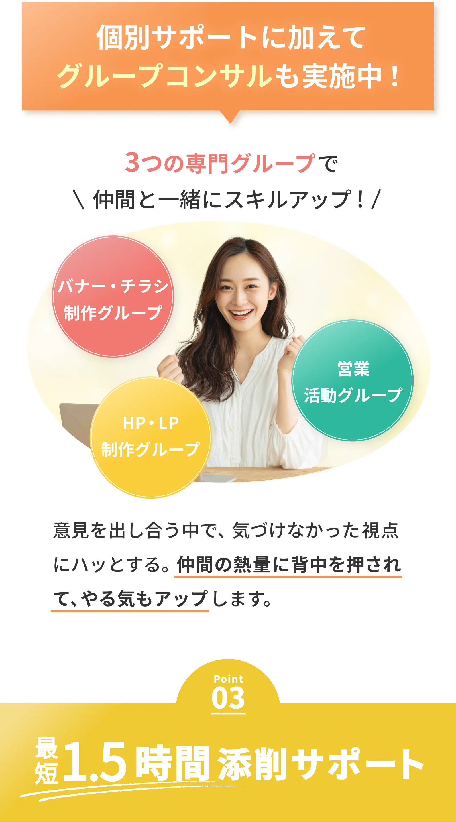 グループコンサルも実施中　仲間と一緒にスキルアップ　バナー・チラシ制作グループ　HP・LP制作グループ　営業活動グループ